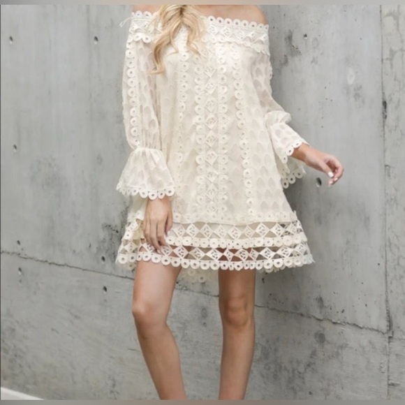 Champagne & Strawberry Elegant Cream  Off-the-shoulder Lace Women's Dress Small - Picture 3 of 9